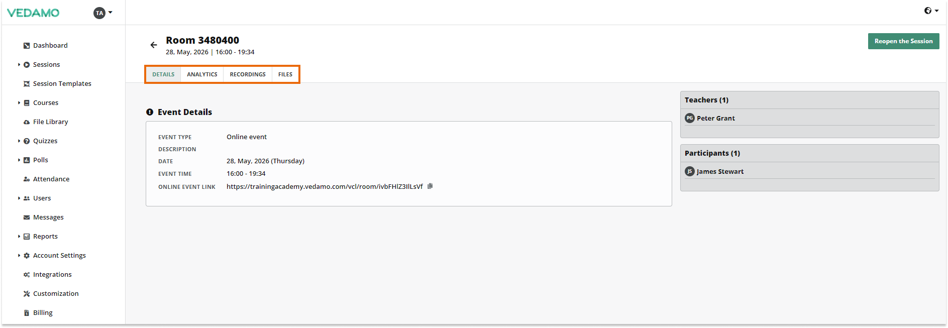Stand-alone Virtual Classrooms in the LMS: Organisation and Administrator roles give you access to extra options