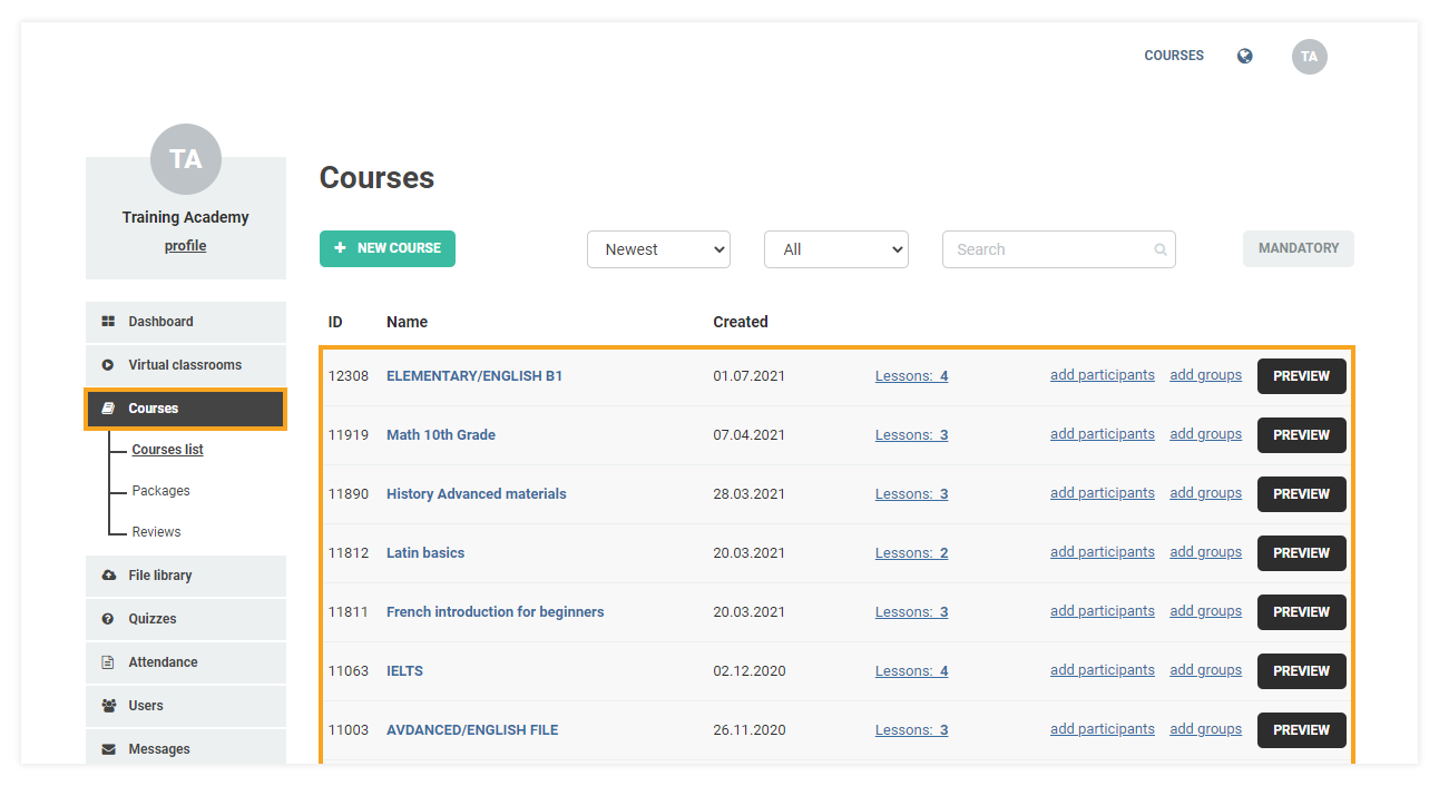 How do I attach learning materials to my LMS course: courses list location