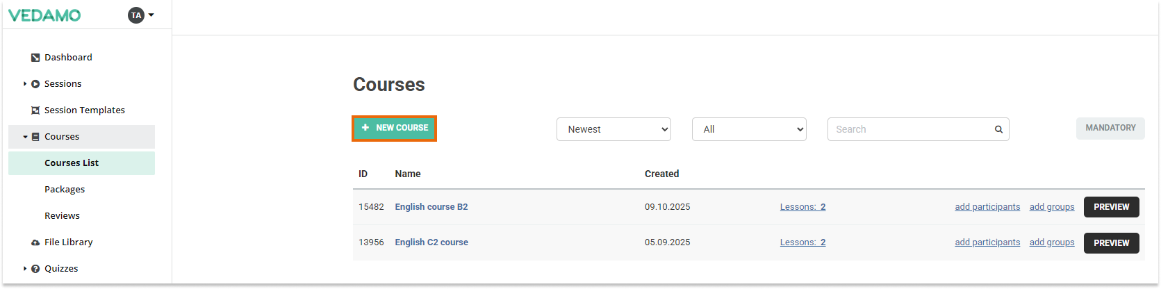 +New Course LMS Course Creation: Click +New Course to start the LMS course creation process