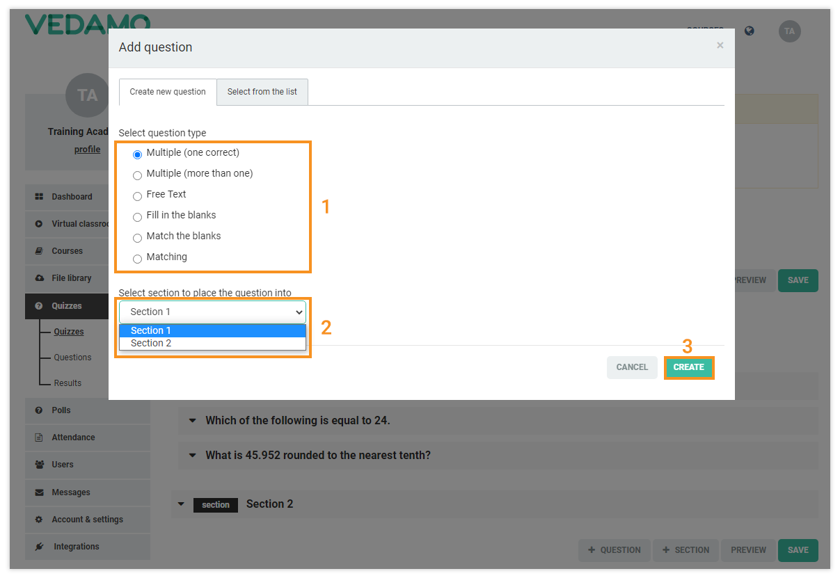 LMS Quizzes - Creation and Settings: Add questions to the section in a quiz