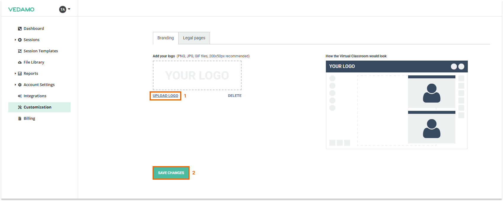Virtual Classroom General Information Menu: You can customize your room with your own company logo
