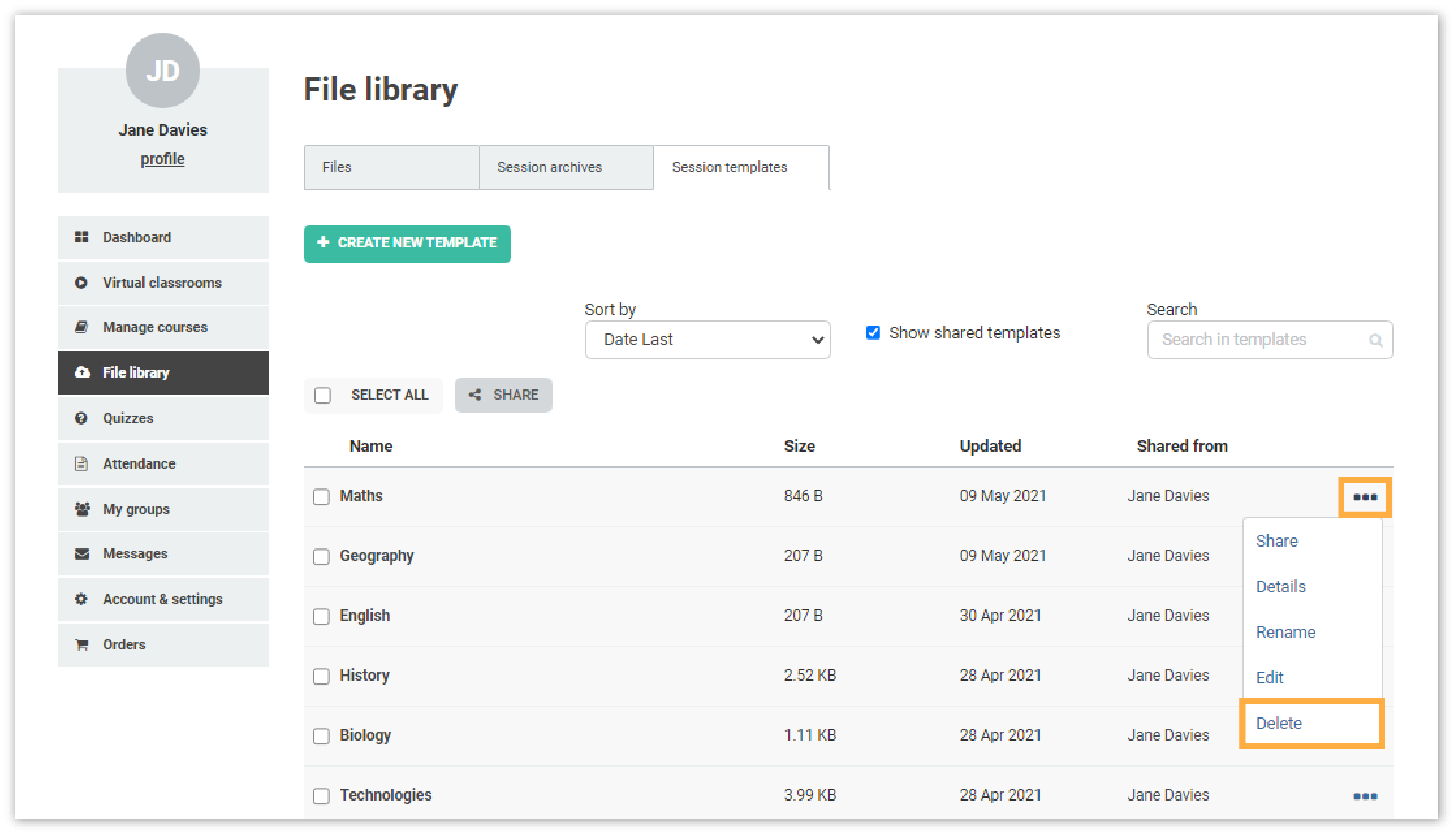 Virtual Classroom Templates: Delete a Template