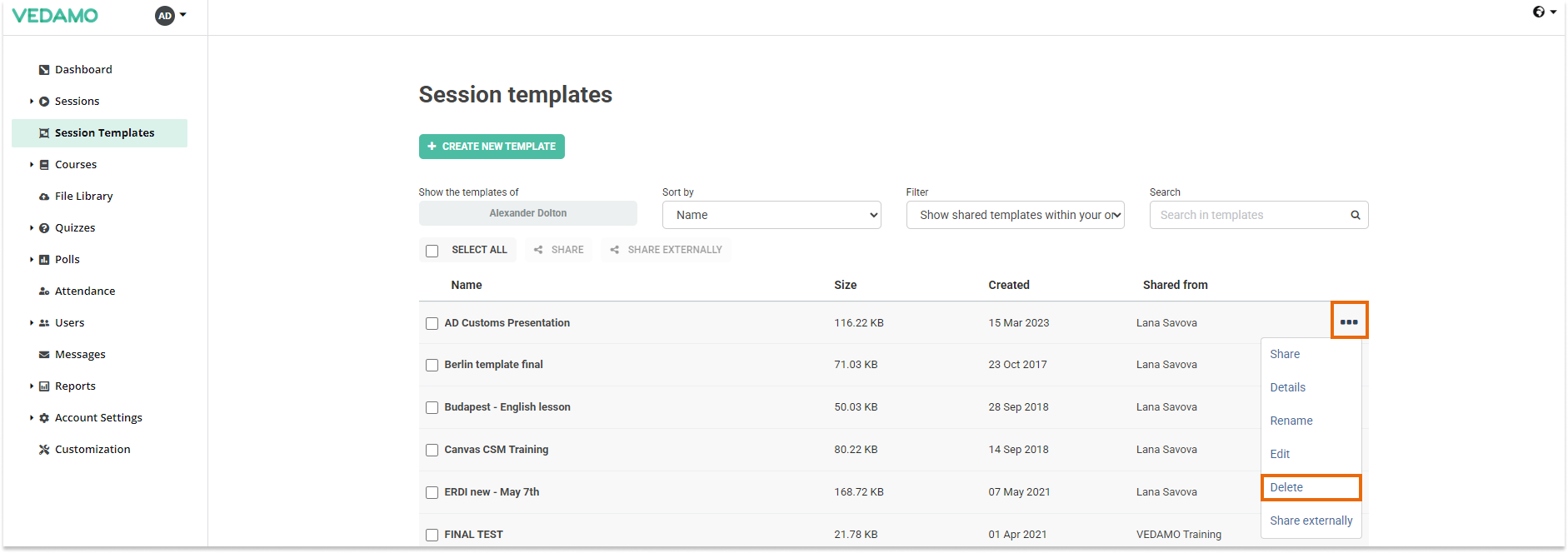 Templates management in the LMS Delete a Template