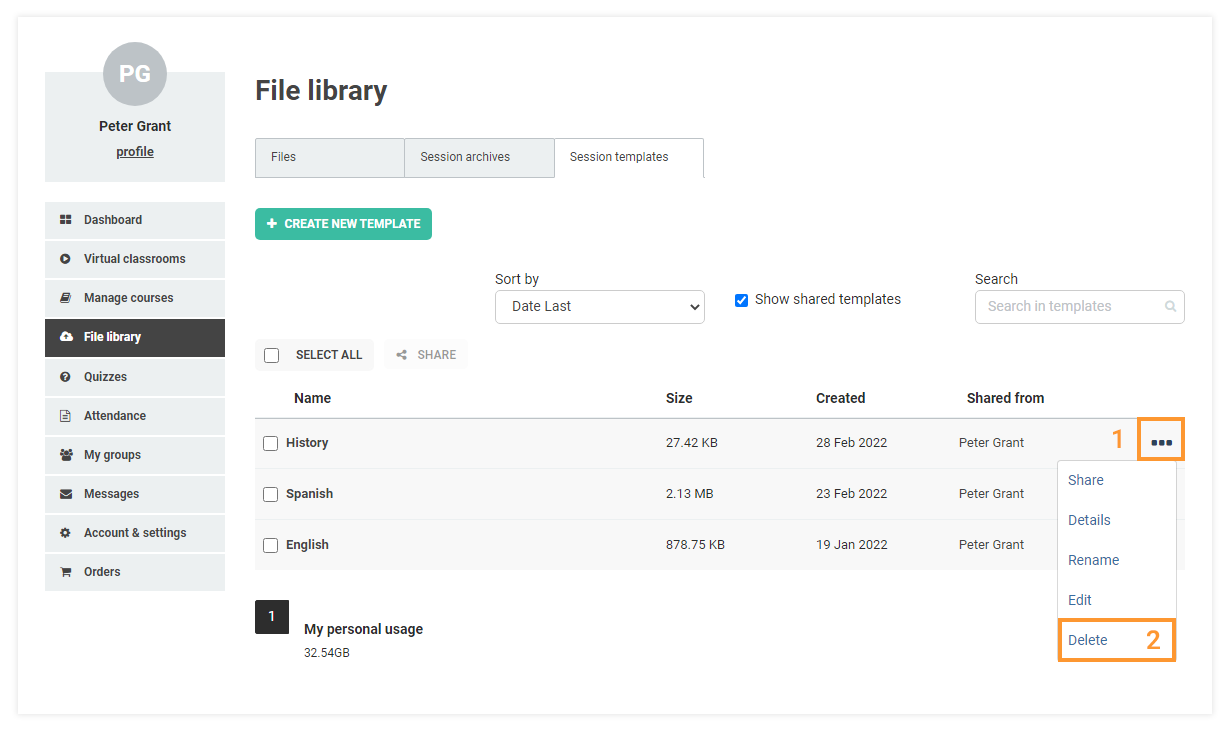 Virtual Classroom Templates: Delete a Template