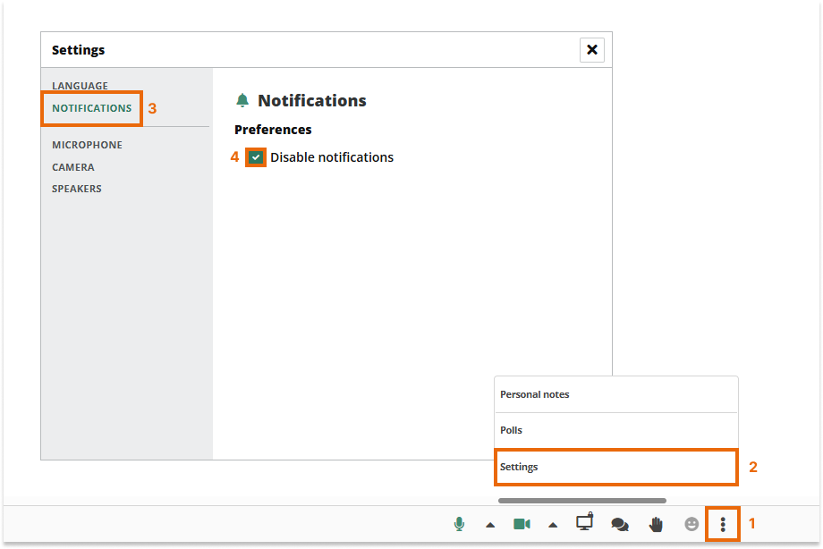 Participant Controls in the Virtual Classroom: The Participants can disable all notifications from their side Participant Controls in the Virtual Classroom: The Participants can disable all notifications from their side