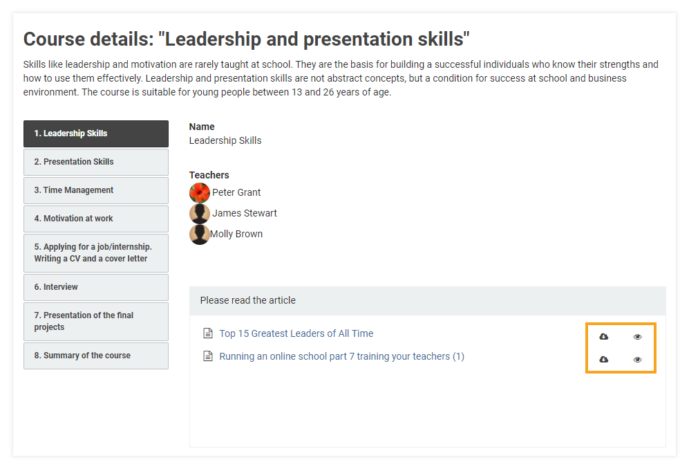 How do I attach learning materials to my LMS course: participants can use the preview and download options