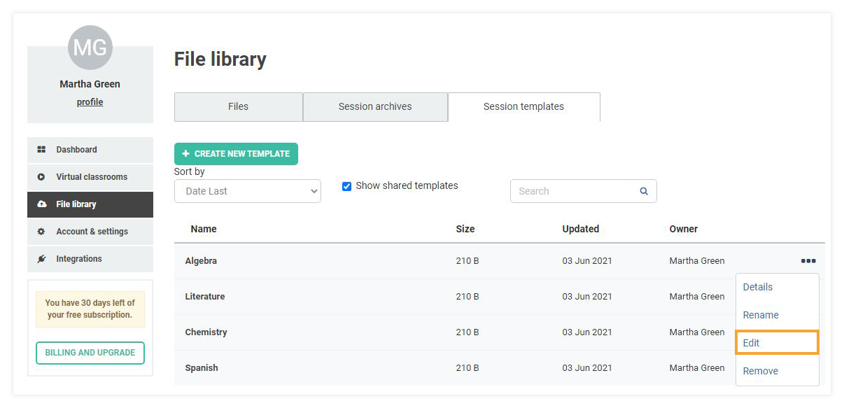 Virtual Classroom Templates: Edit a Template Virtual Classroom Templates: Edit a Template