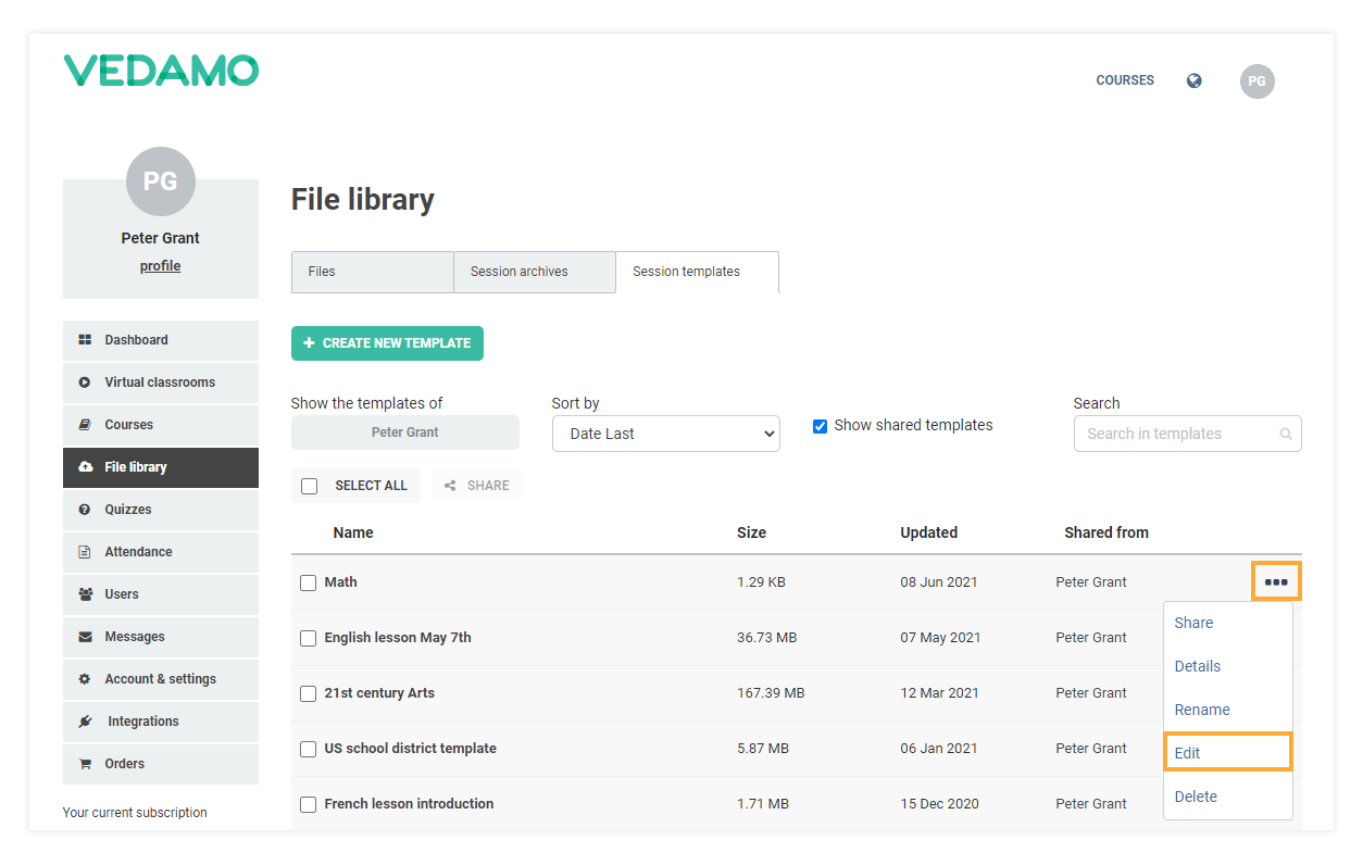 Templates management in the LMS: Edit a Template