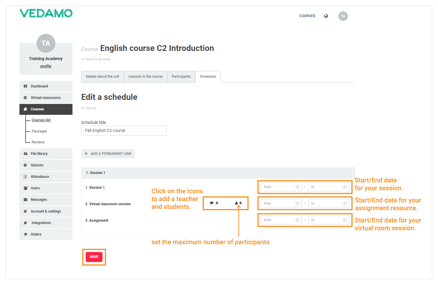 LMS Course Schedule: Edit a schedule