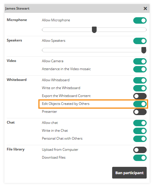 Virtual Classroom Online Whiteboard Tools: The function can be toggled via "Edit Objects Created by Others" setting