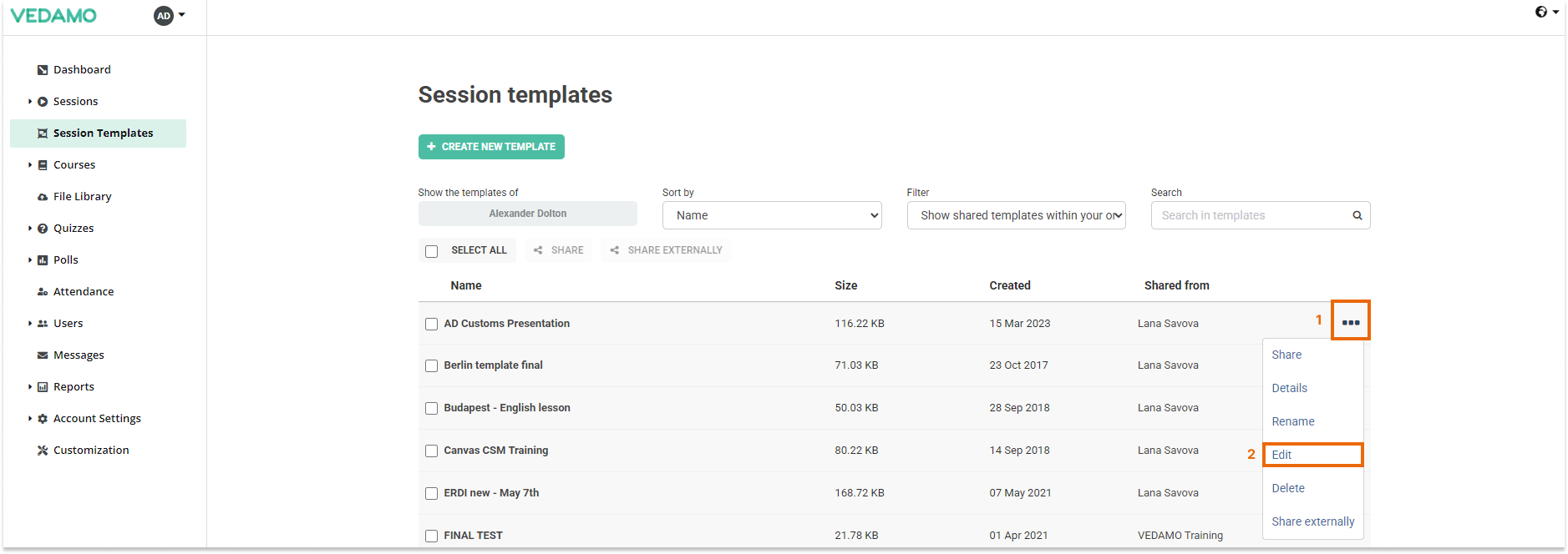 Templates management in the LMS: Edit a Template