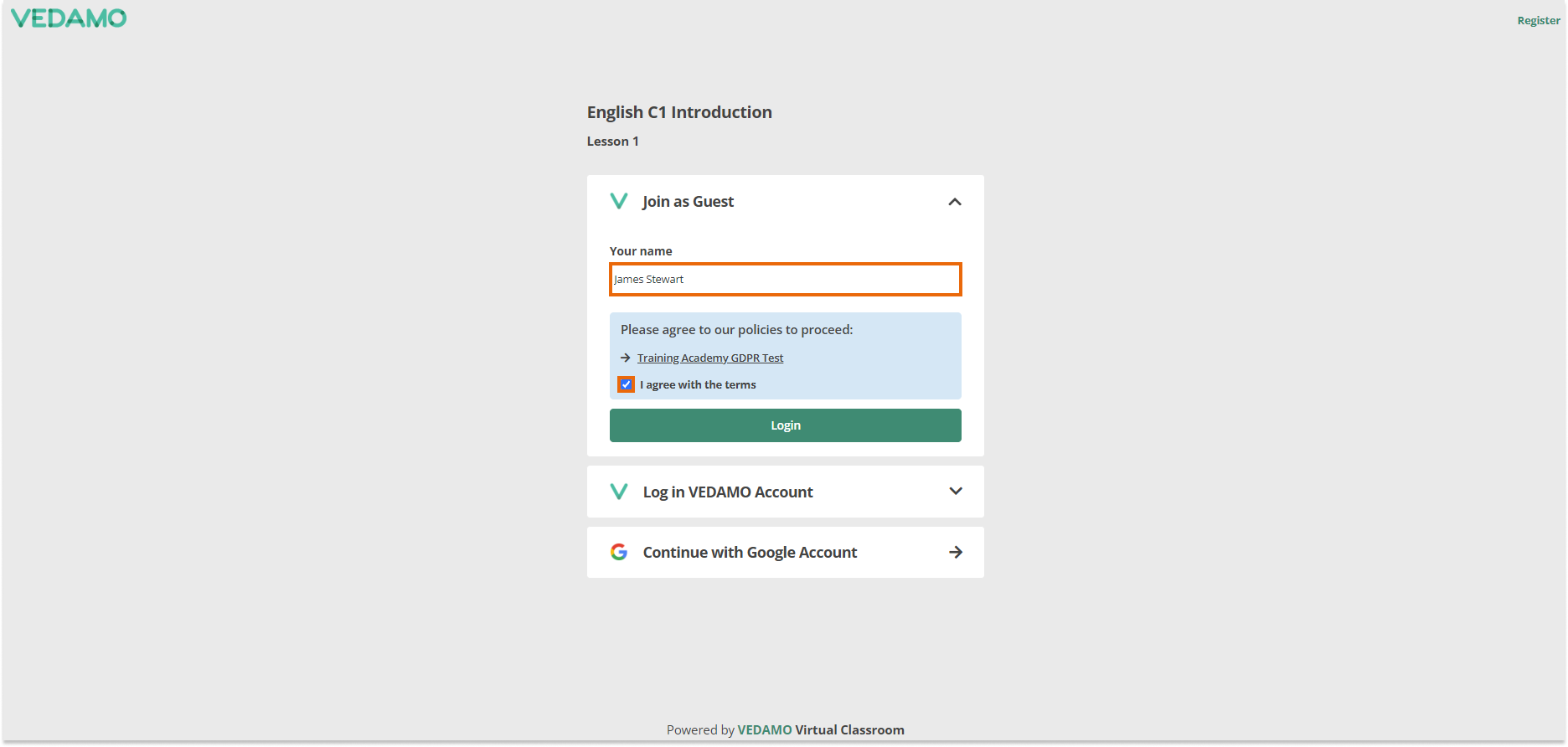 Enter the Virtual Classroom as a student: Press the "Login" button after you have filled the mandatory information to initiate the System Check
