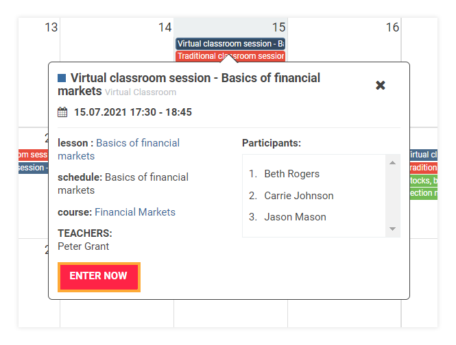 LMS Dashboard LMS Dashboard: You can enter a Virtual session directly from your LMS Dashboard (teacher's point of view)