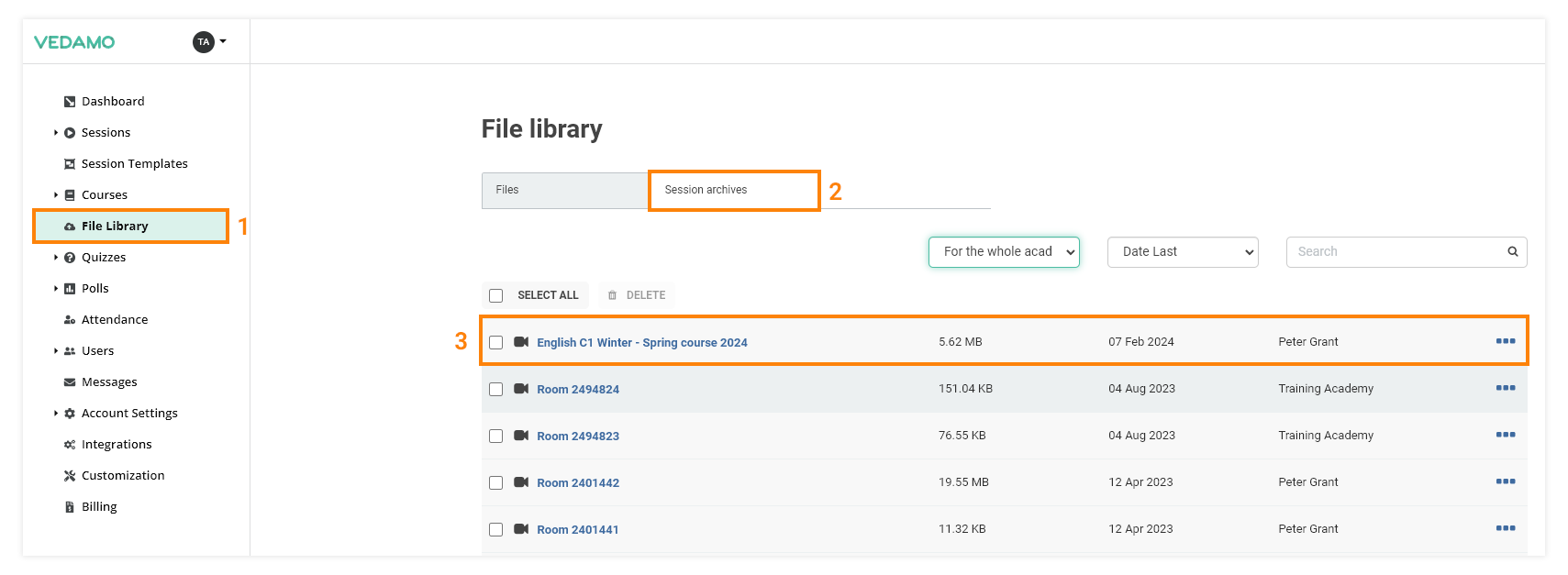 Interactive recordings: Location of the session archives in the File library tab