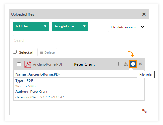 Virtual Classroom File Library: Check the file info to see the information associated with the file itself