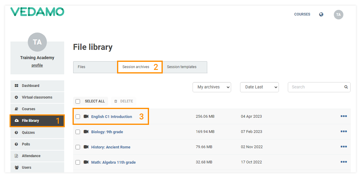 Interactive recordings: Location of the session archives in the File library tab