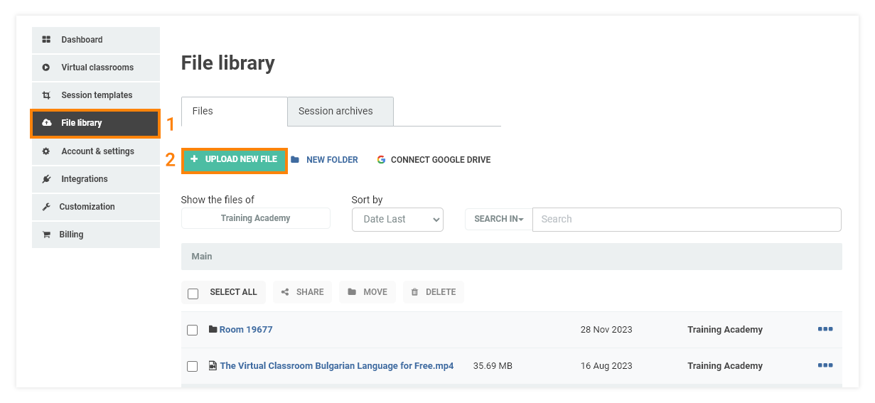 Virtual Classroom File Library: Use the Upload New File button or Drag and Drop files to upload files in the Virtual Classroom File Library