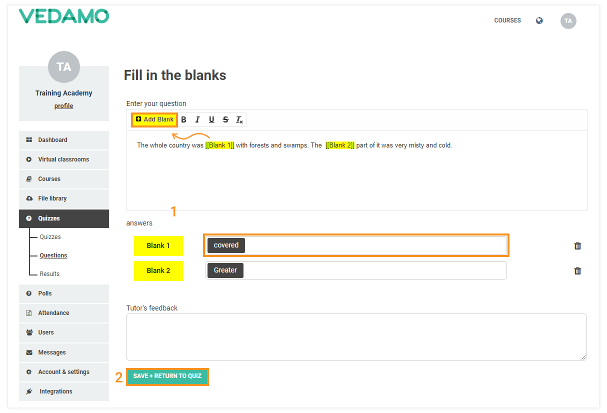 LMS Quizzes - Creation and Settings: Fill in the blanks questions
