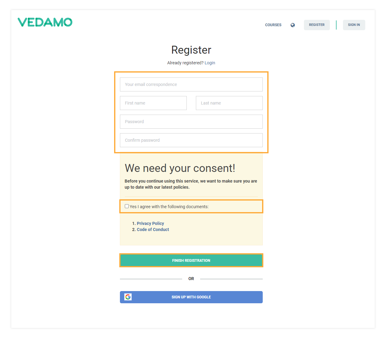 LMS Registration For Users VEDAMO