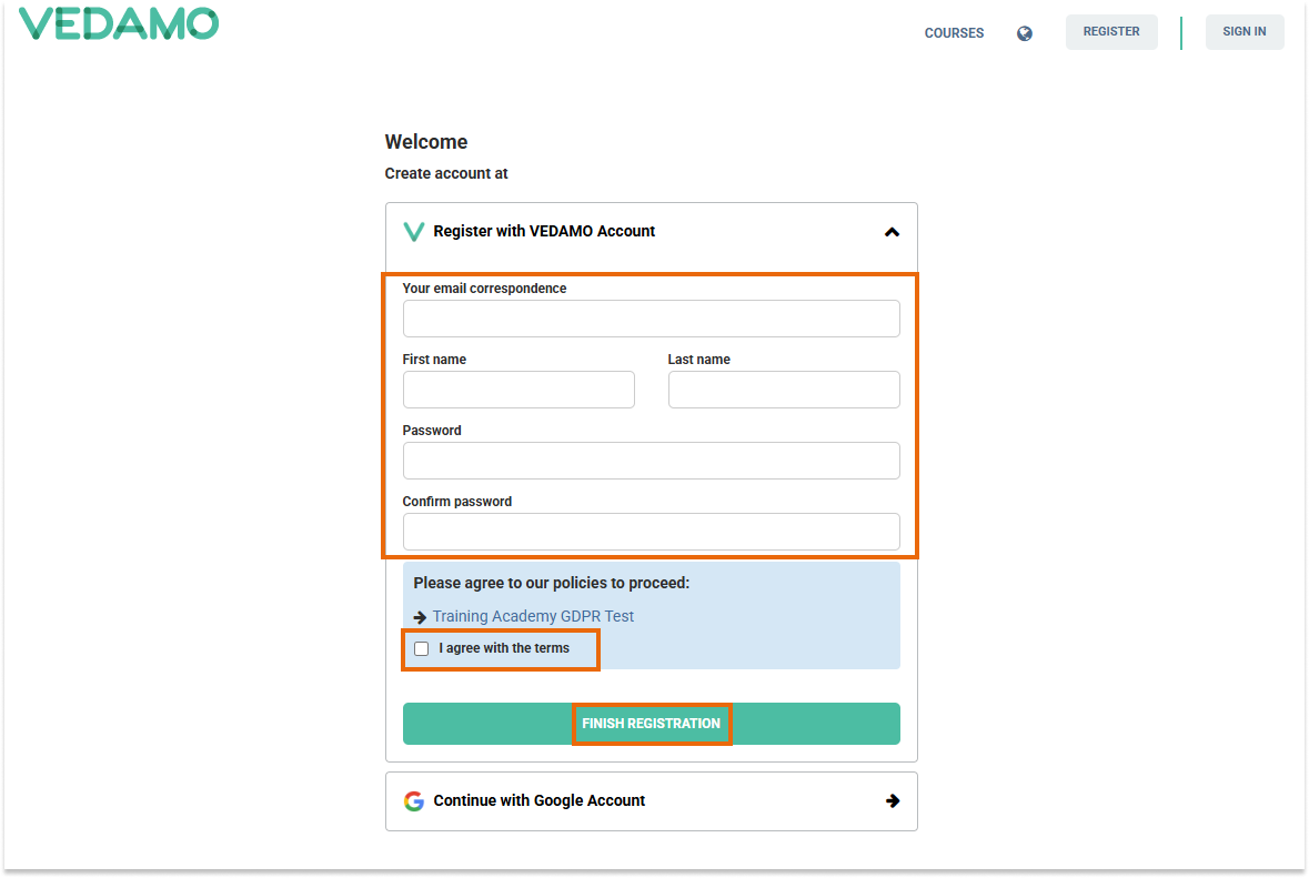LMS Registration for users: Register page