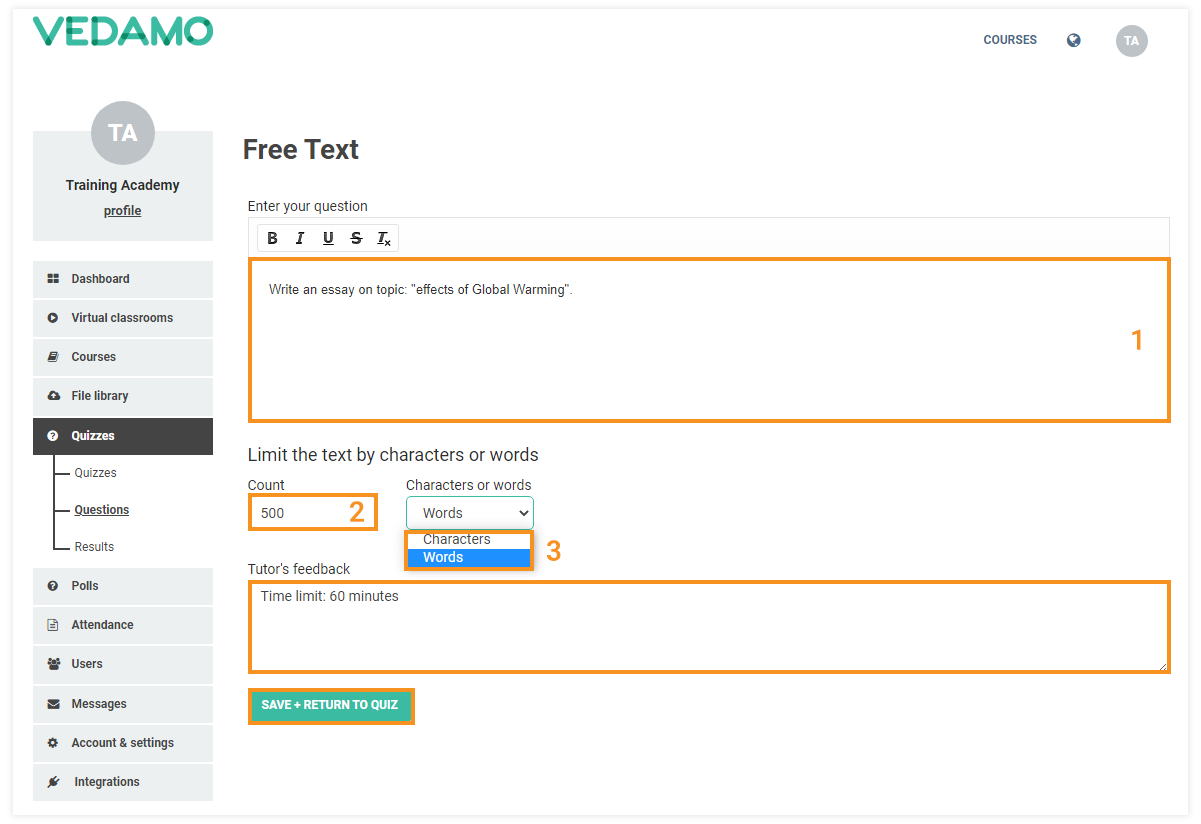 LMS Quizzes - Creation and Settings: Free text questions