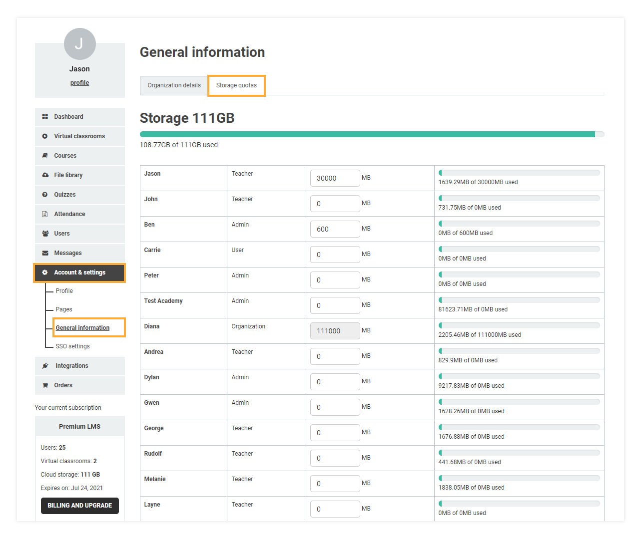 Account and Settings - General Information: Storage quotas shows you total distributed storage space between users for your Learning Management System
