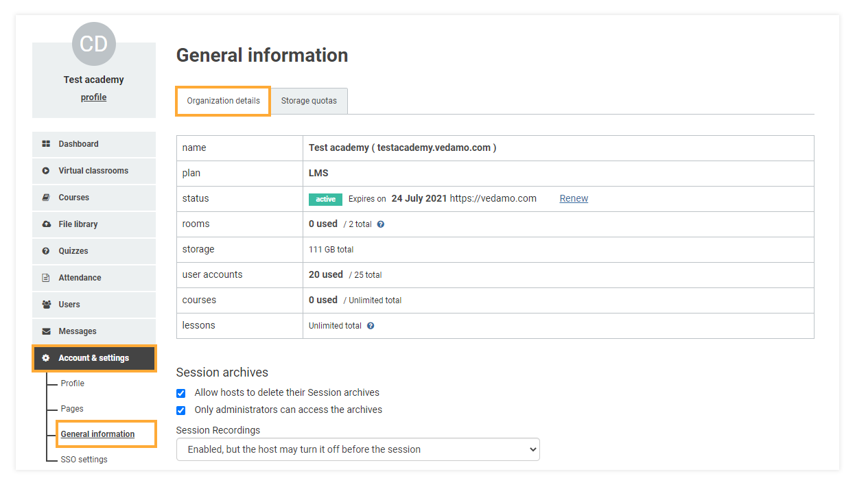 Account and Settings - General Information: Organizational details allow you to alter your LMS account and settings