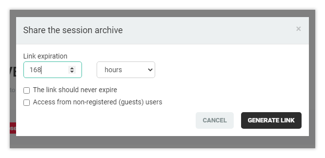 Interactive recordings: Generate archive link screen