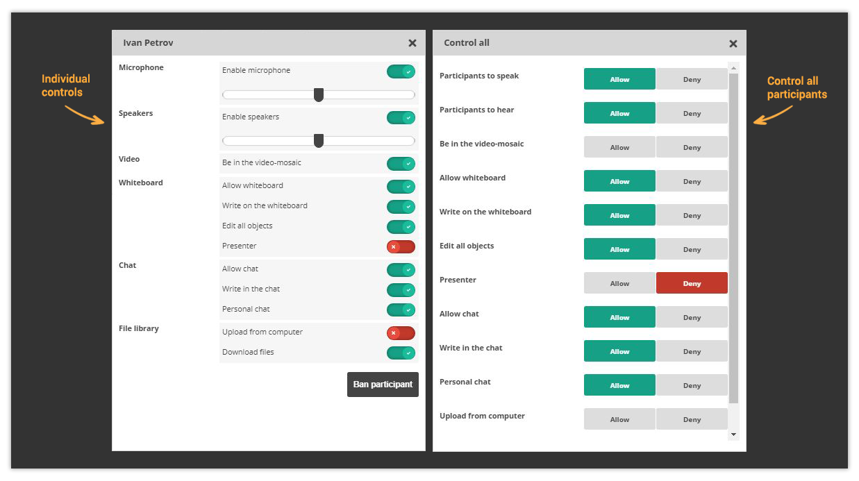 Participant controls in the Virtual Classroom: Individual and control all participants controls Participant controls in the Virtual Classroom: Individual and control all participants controls
