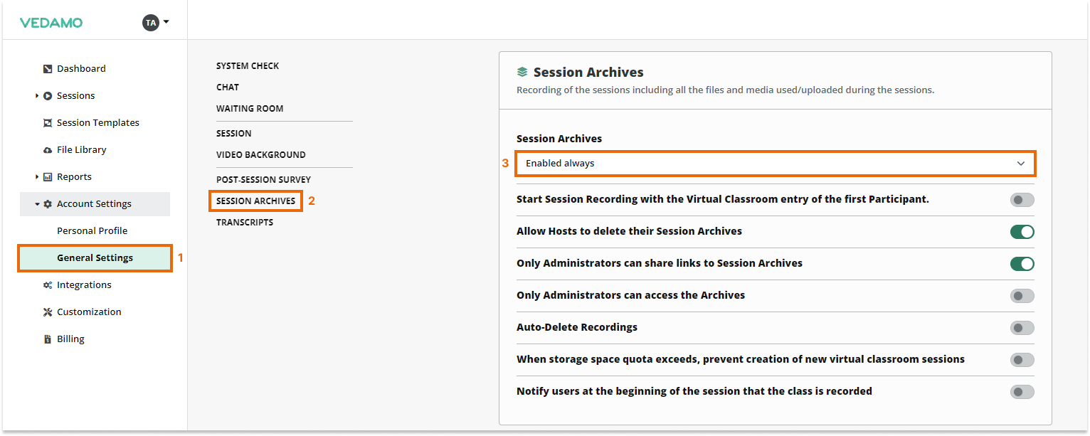 Virtual Classroom General Information Menu: Interactive archives are on by default for each account