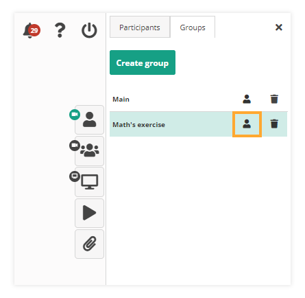 Virtual Classroom Breakout rooms: In order to manage the group, click on the Participants icon, example of invite participants button