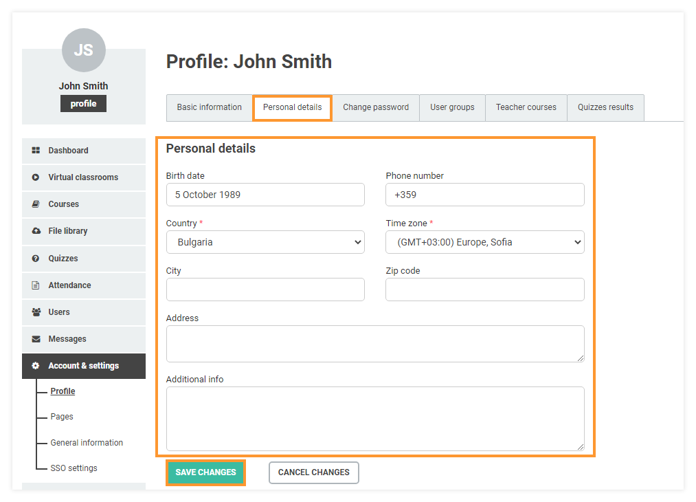 LMS Account and Settings: Specifying additional details like birth date, city, telephone and address in the lms account and settings page is optional