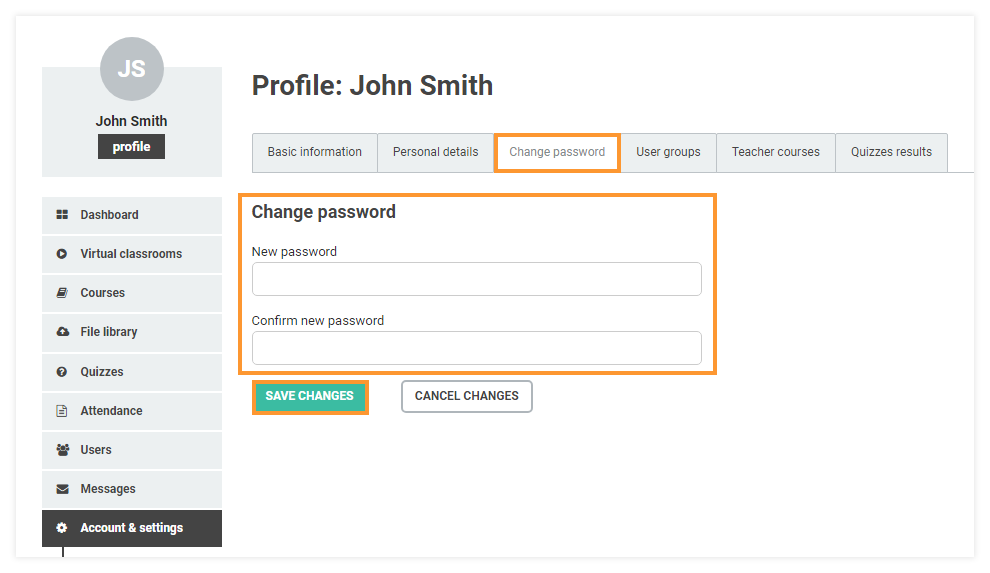 LMS Account and Settings: Change your Vedamo password in the Change Password tab located in the LMS account and settings page