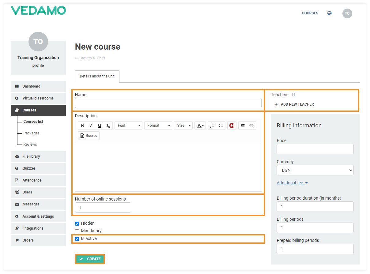 LMS Course Creation: Input the necessary and click "Create" to create your course