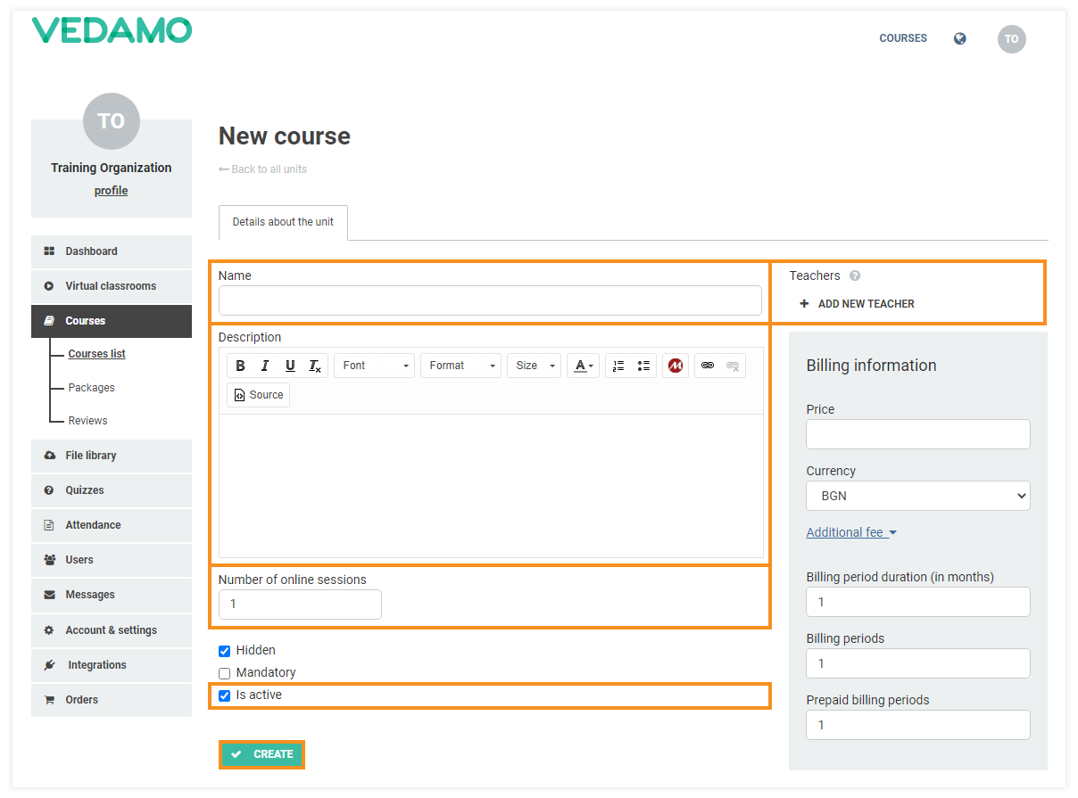 LMS Course Creation process LMS Course Creation: Input the necessary and click "Create" to create your course