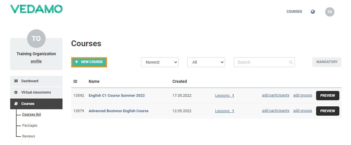 LMS Course Creation: Click +New Course to start the LMS course creation process