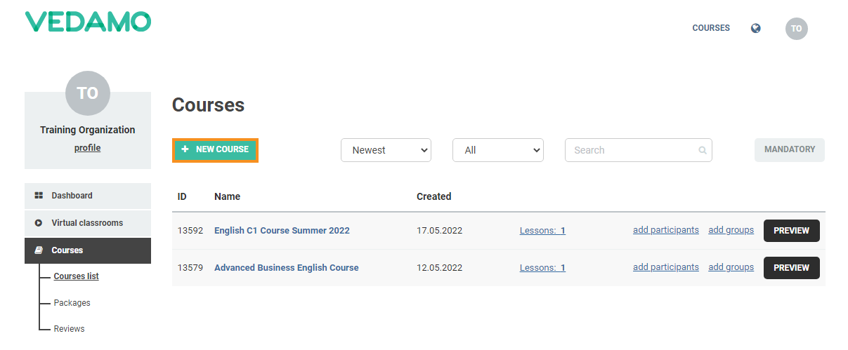 +New Course LMS Course Creation: Click +New Course to start the LMS course creation process