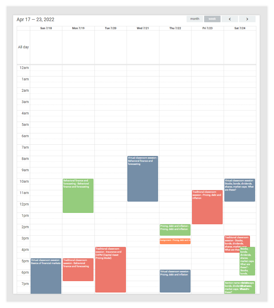 LMS Dashboard: Weekly Calendar view of upcoming events