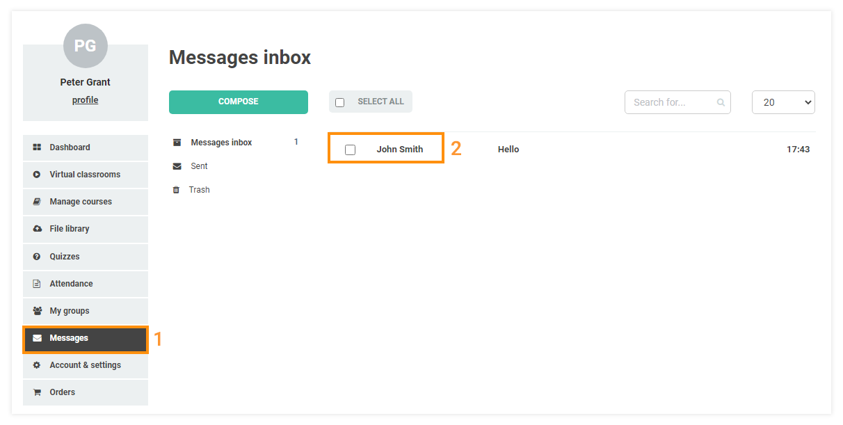 LMS Messaging System: Messages inbox