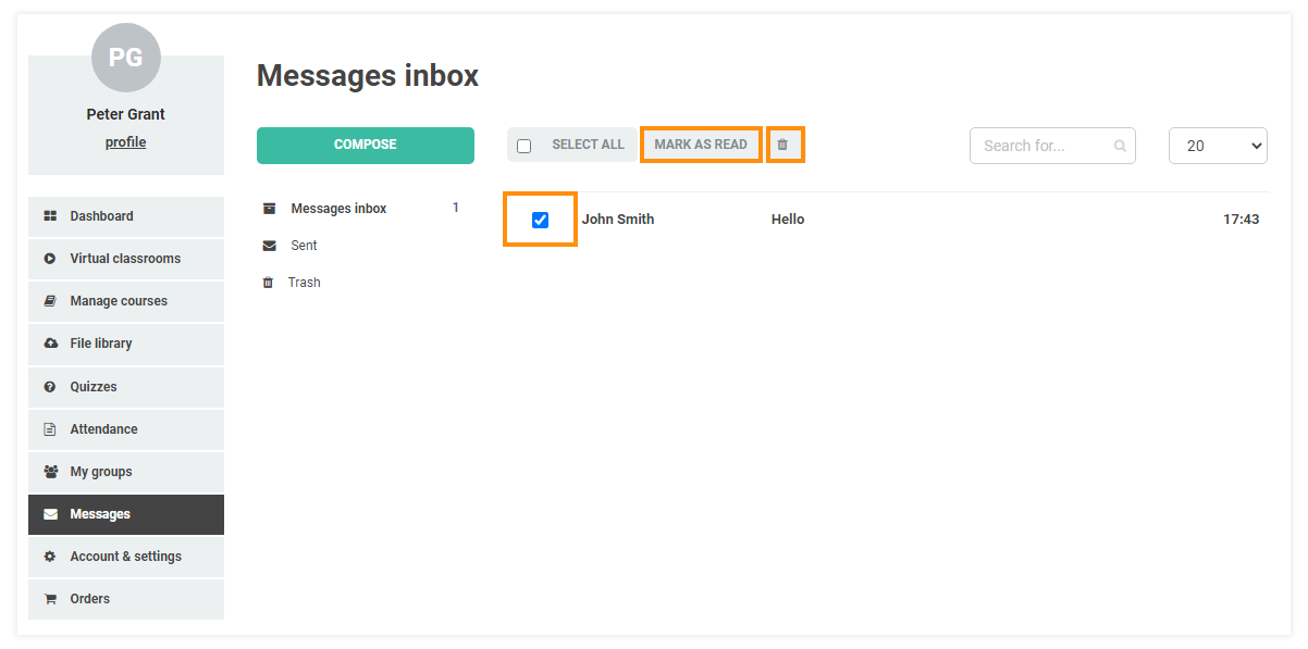 LMS Messaging System: Messages in the inbox folder