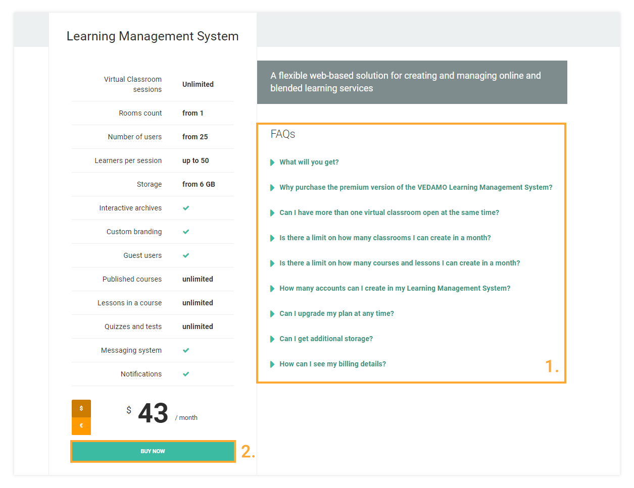 Press Select to Buy now for Vedamo's Premium Learning Management Sytem plan