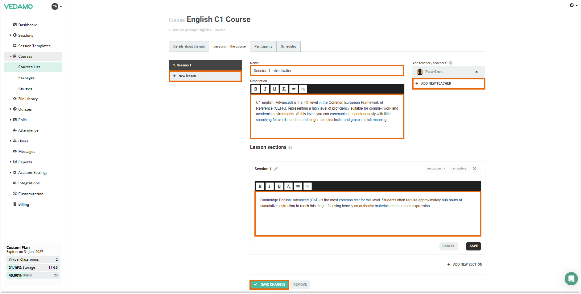 Lessons in the course Add teachers, lessons and sections in LMS: Clicking the Lessons in the course tab will allow you to create new lessons within a course