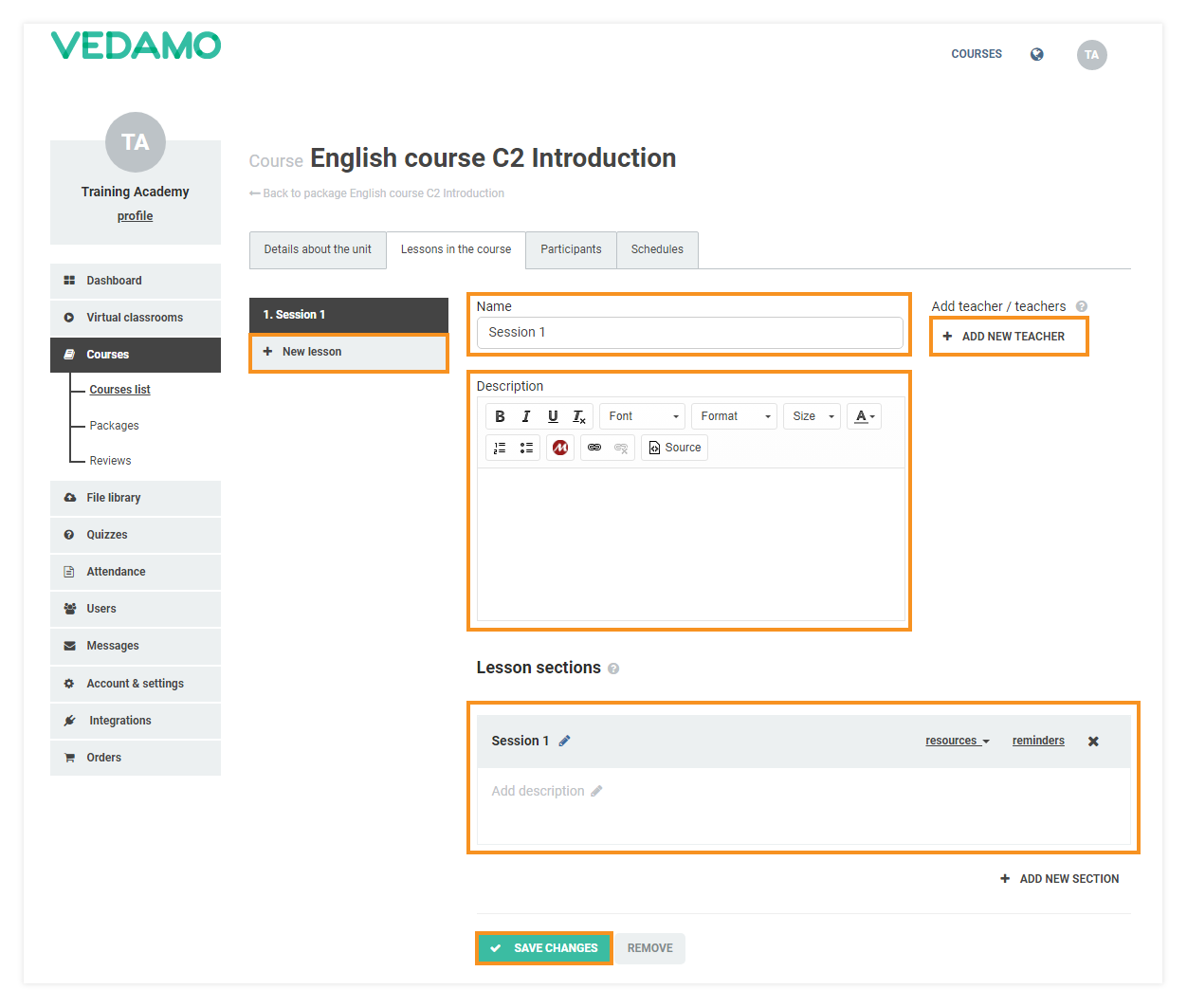 Add teachers, lessons and sections in LMS: Clicking the Lessons in the course tab will allow you to create new lessons within a course