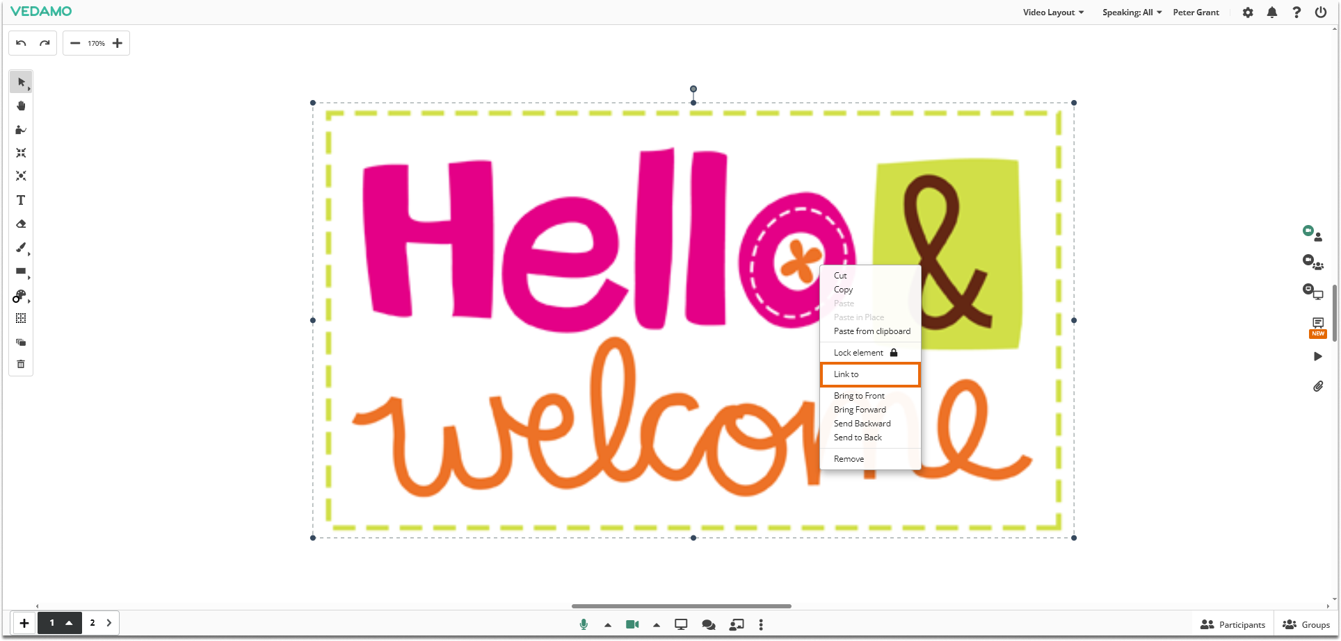 Virtual Classroom Online Whiteboard Tools: Right click to open the menu containing the Link to option