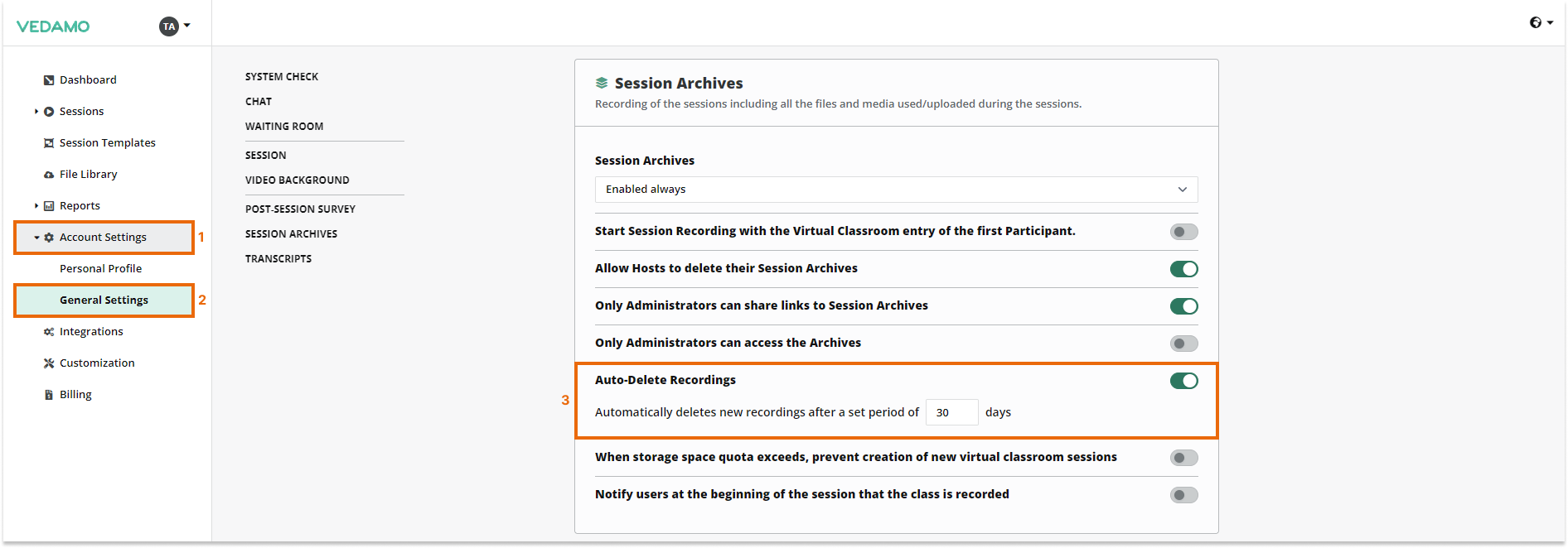 Interactive Recordings Position of the Auto-Delete recordings option in the Virtual Classroom plan