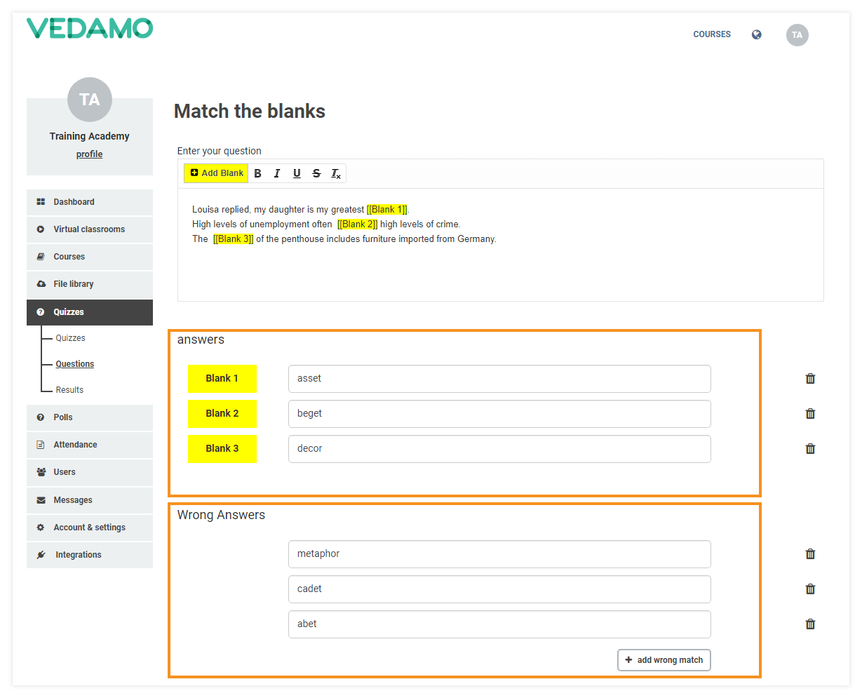 LMS Quizzes - Creation and Settings: Match the blanks questions