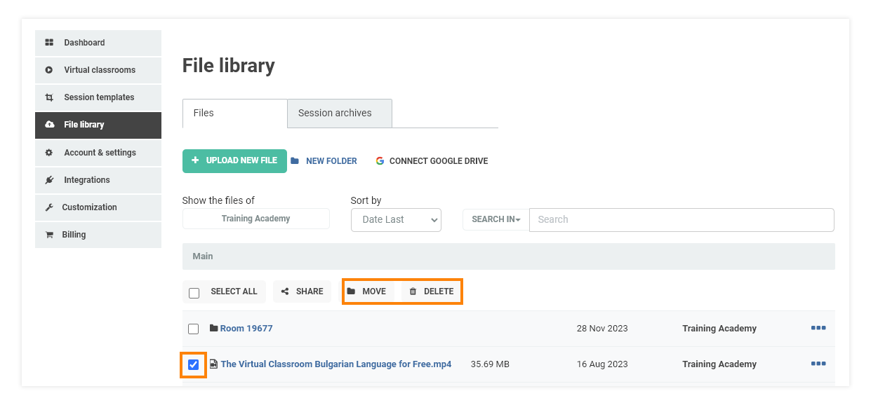 Virtual Classroom File Library: Deleting a file will prompt you to confirm your action