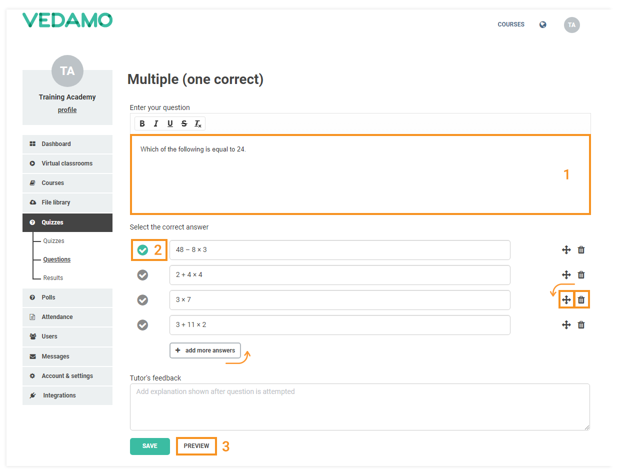 LMS Quizzes - Creation and Settings: Multiple choice questions with only one correct answer