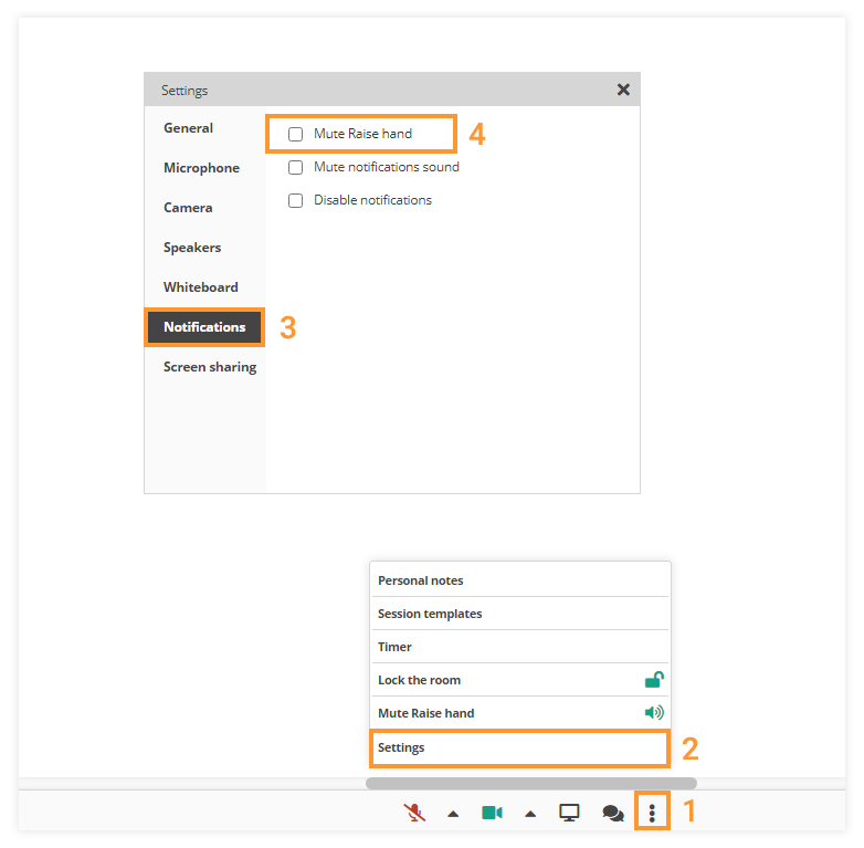 Mute Notifications Raise hand / mute button in the Virtual Classroom: The Mute button functionality mutes all sounds in the room