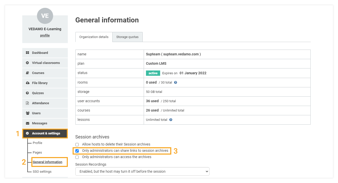 Interactive recordings: Only admins can share the session archive links